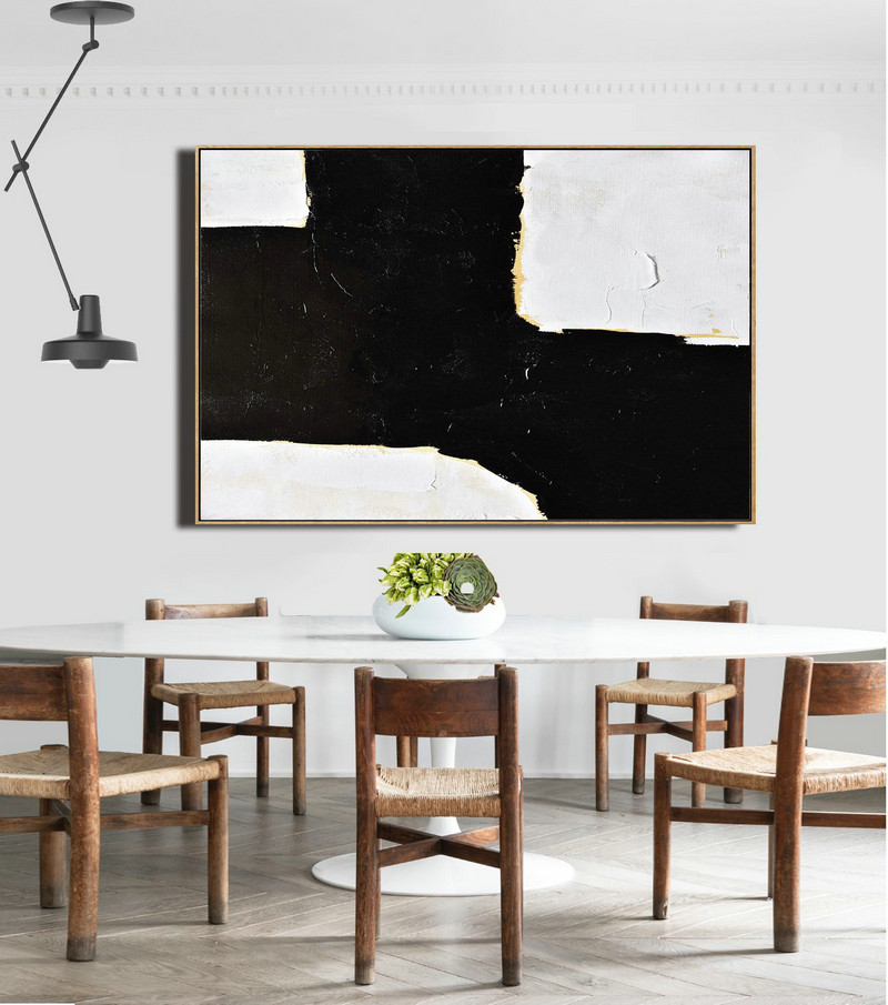Extra Large Artwork,Horizontal Palette Knife Minimal Canvas Art Painting Black White Beige,Large Wall Canvas Paintings #E8E0 - Click Image to Close